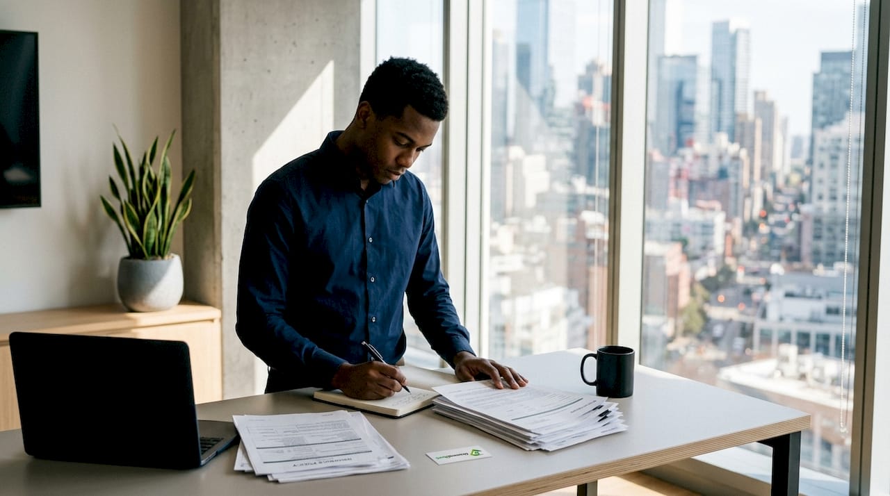 Underwriter hands sorting insurance documents on desk