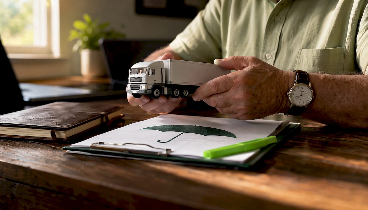 Hands holding truck model near umbrella policy papers