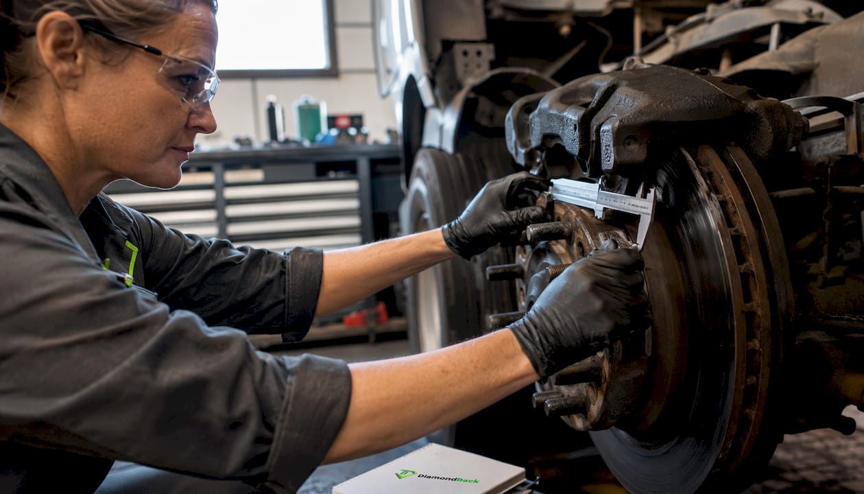 Technician hands inspecting truck brakes