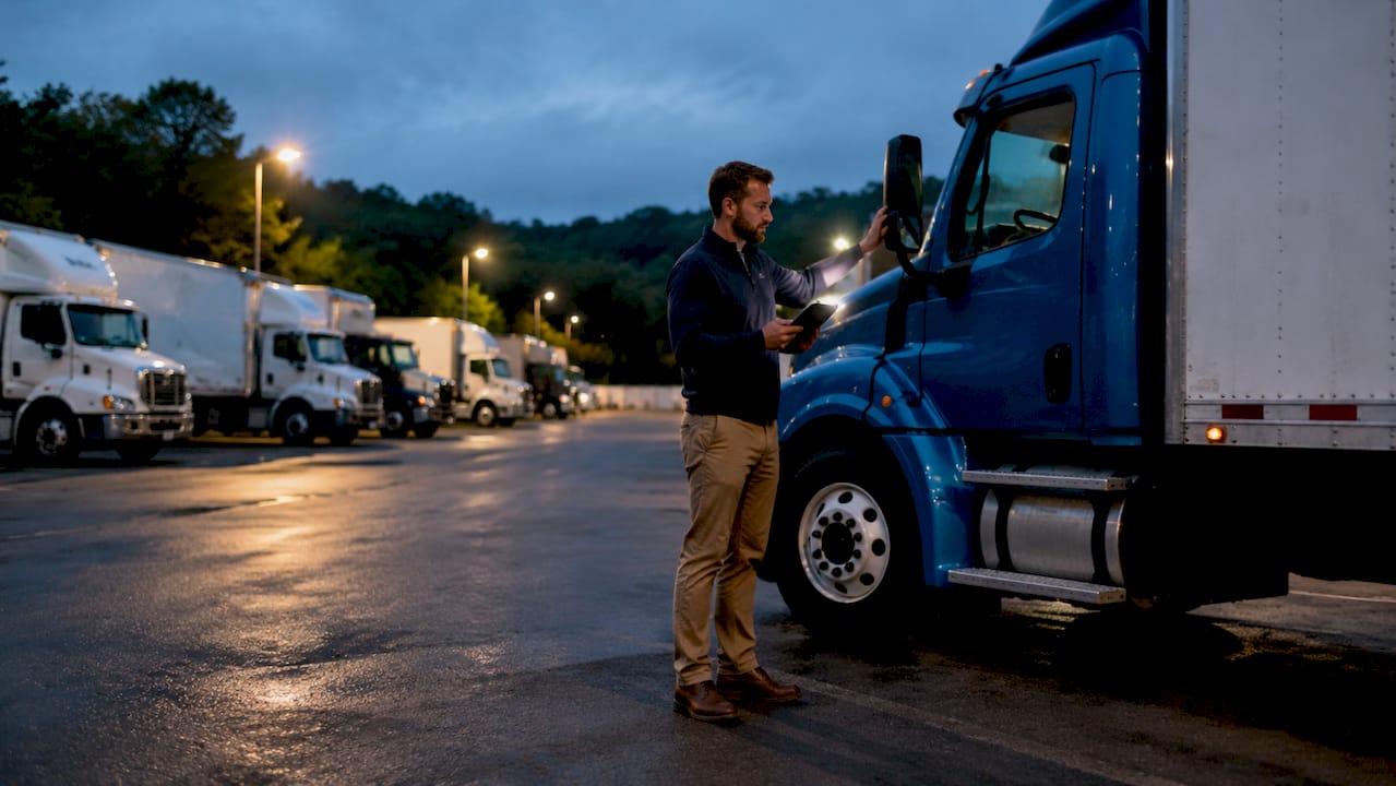 Business owner inspecting box truck outdoors