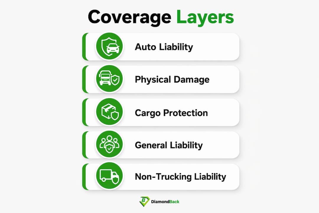 Infographic showing box truck insurance coverage layers