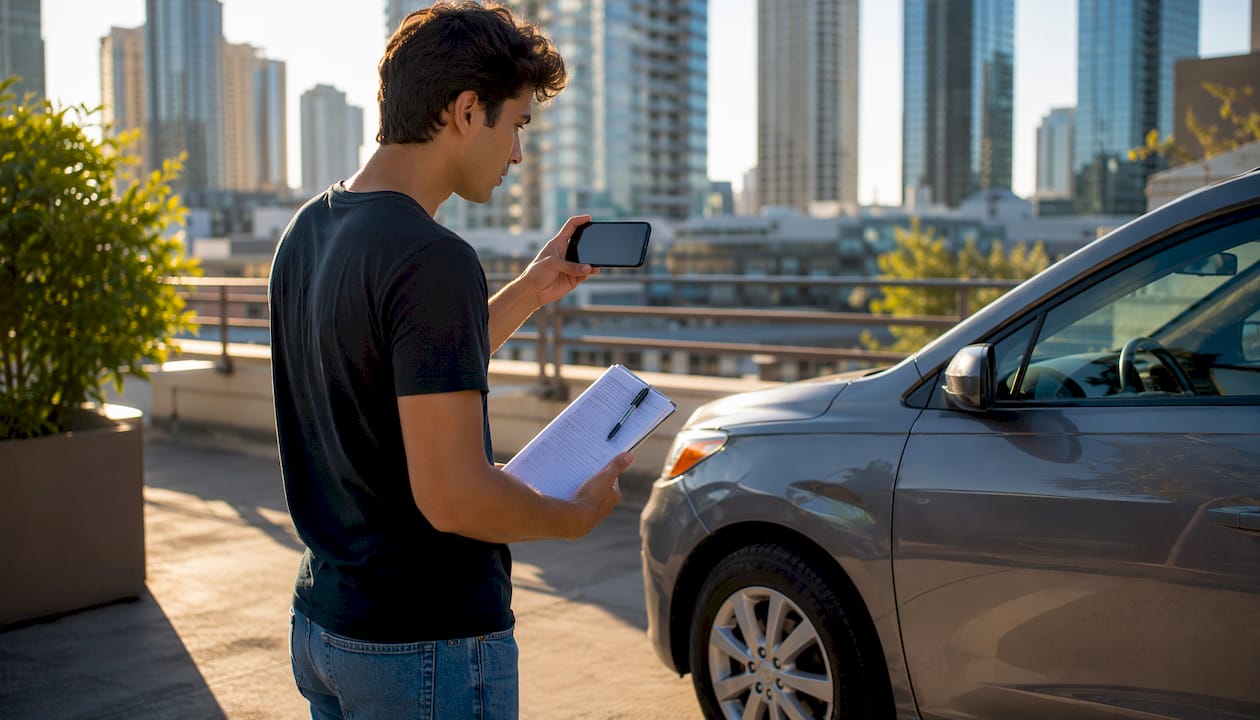 Man documenting car damage for insurance claim