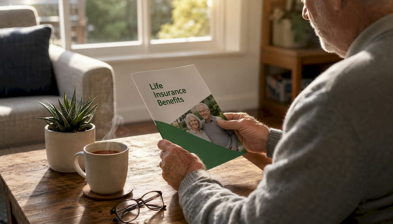 Elderly man examining life insurance brochure