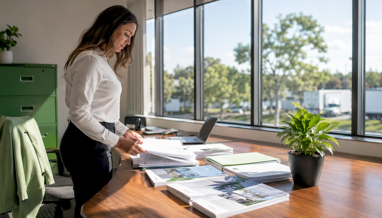 Hands sorting commercial truck insurance documents