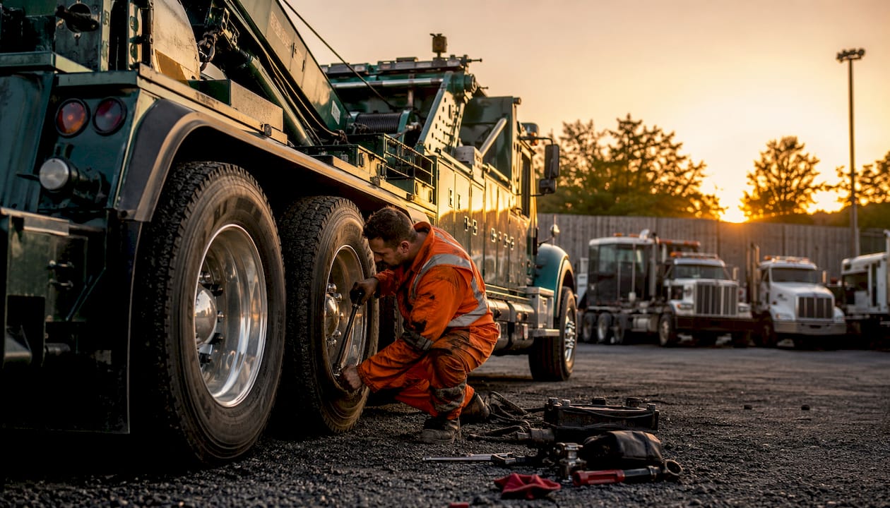 Mechanic inspecting heavy-duty tow truck tire