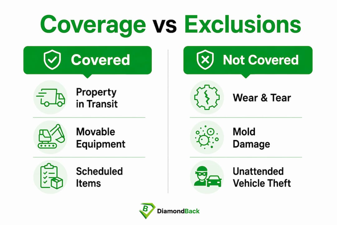 Infographic comparing inland marine insurance coverage and exclusions