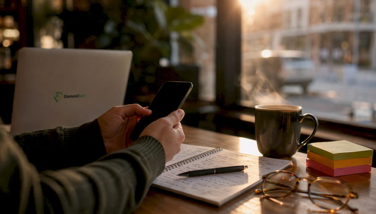 Hands holding smartphone over desk with notes and tech