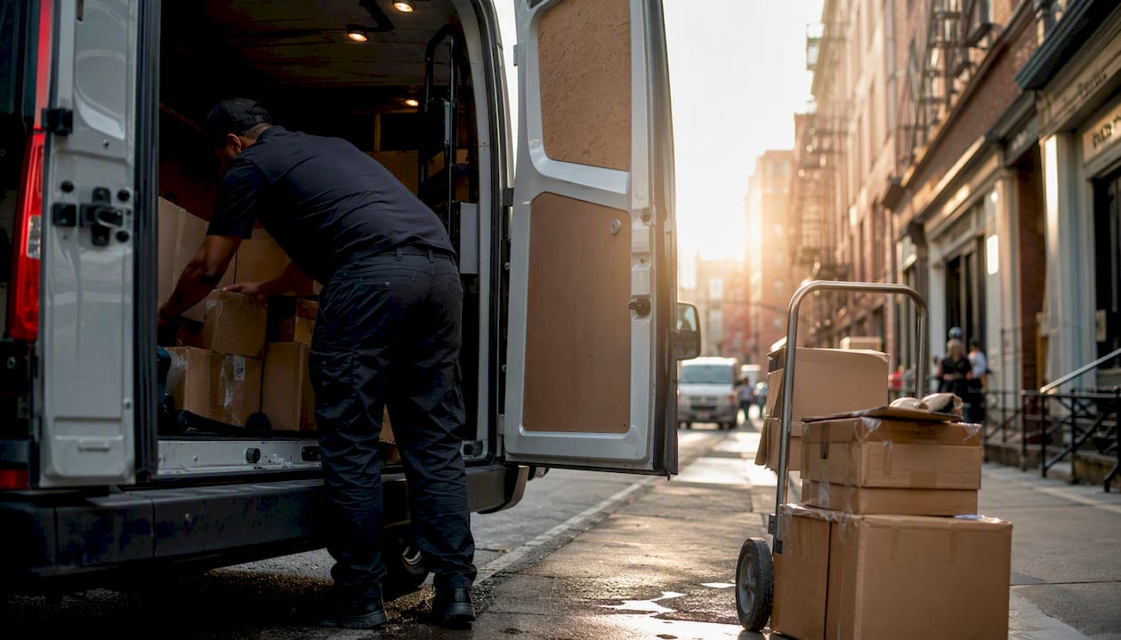 Driver with rented delivery van rear door open