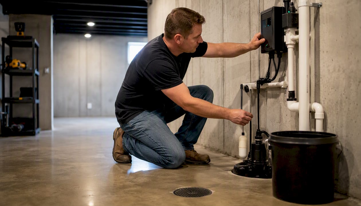 Sump pump equipment in basement being checked