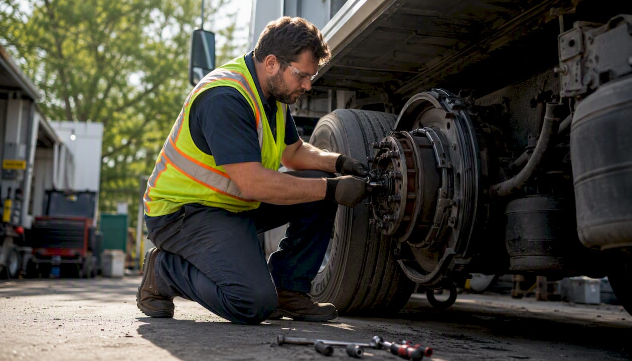 Truck brake inspection hands close-up