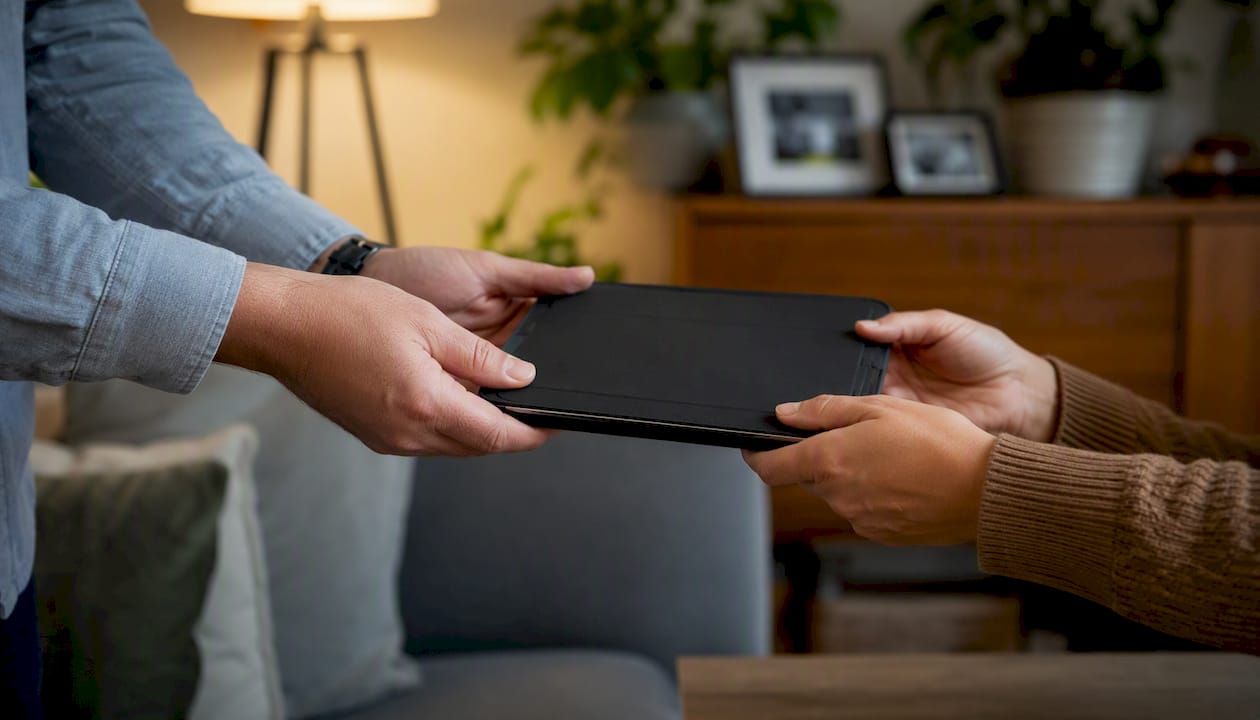 Hands receiving insurance document case at mortgage closing
