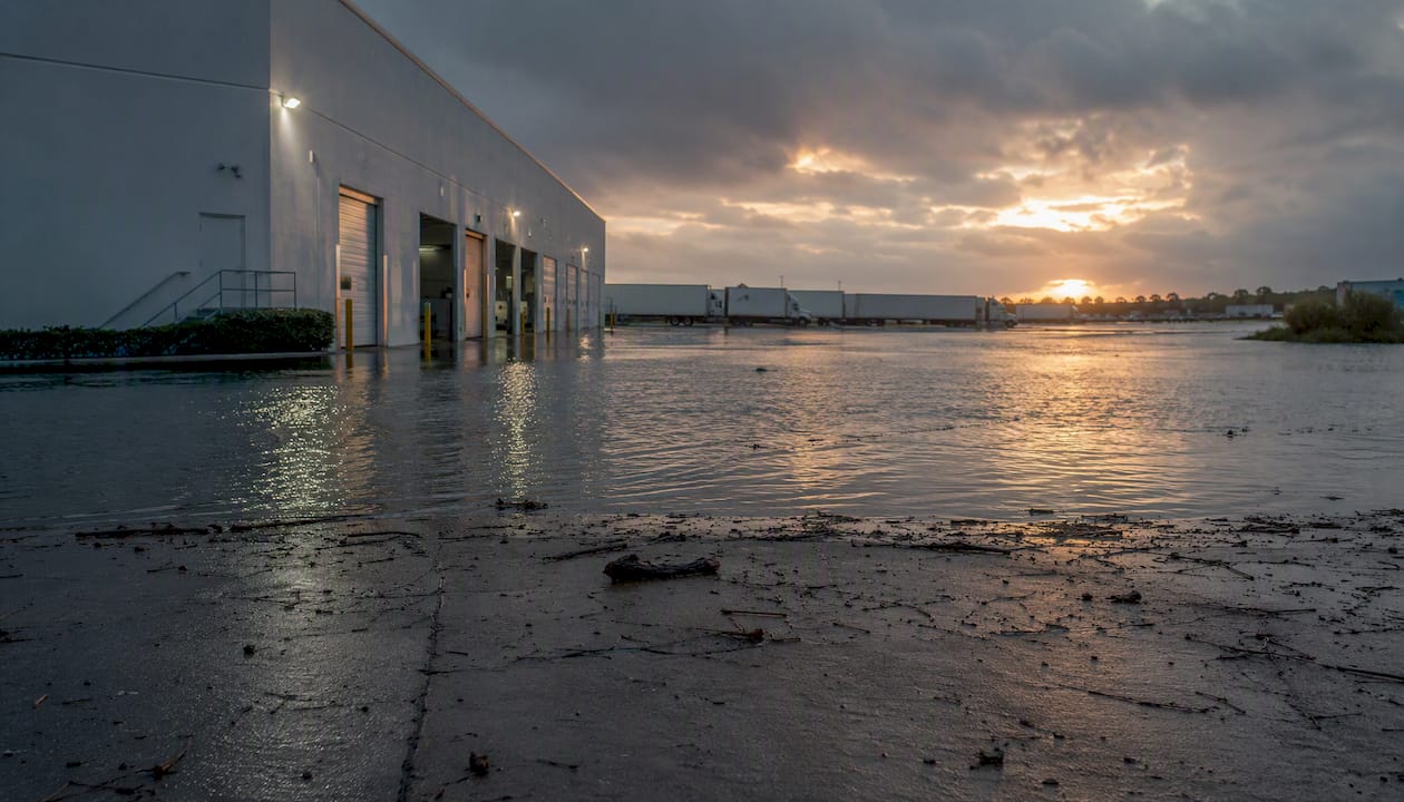 Commercial vehicle depot flooded exterior view