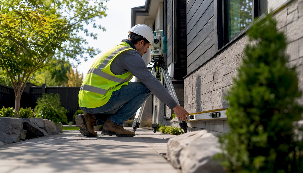 Surveyor measuring house elevation near foundation