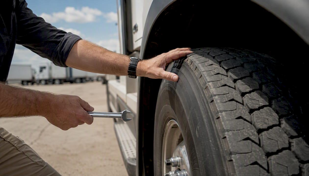 Hands inspecting truck side mirror and locks