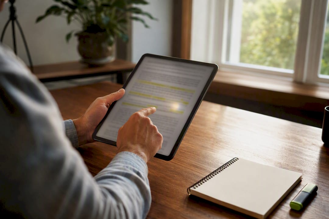 Hands pointing at insurance terms on tablet