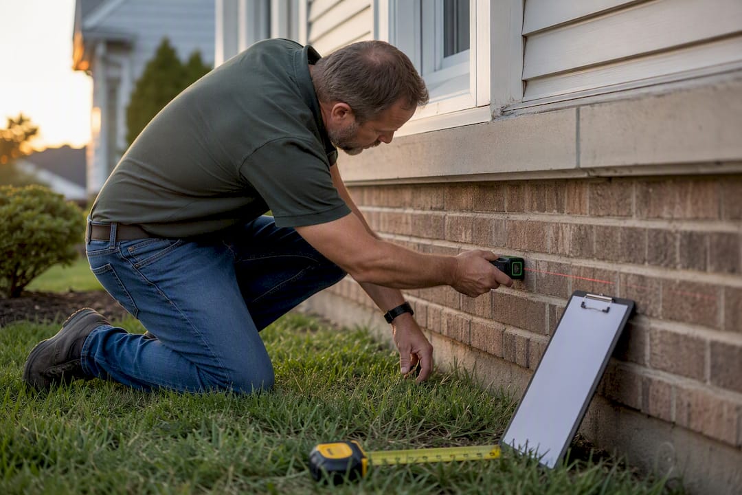 Home inspector measuring foundation for replacement cost