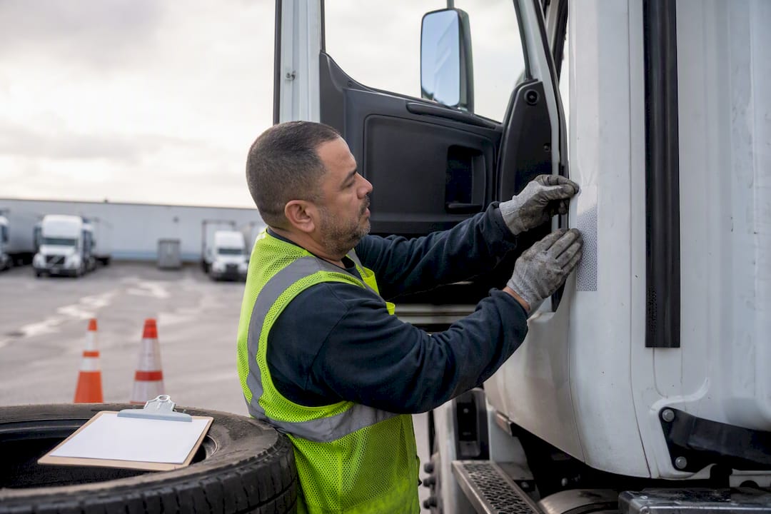 Hands applying safety sticker on truck door