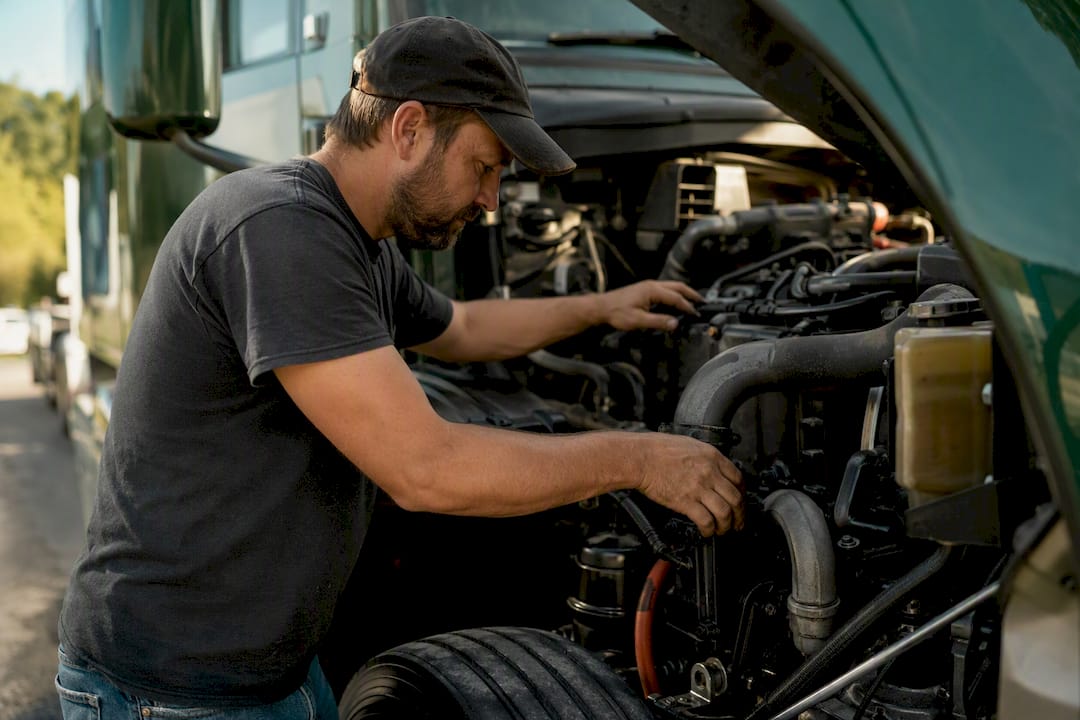 Owner-operator inspecting truck engine
