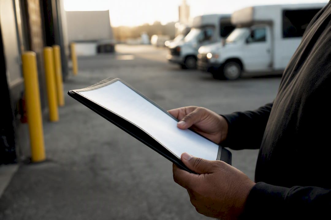 Hands inspecting certificate of insurance at fleet yard