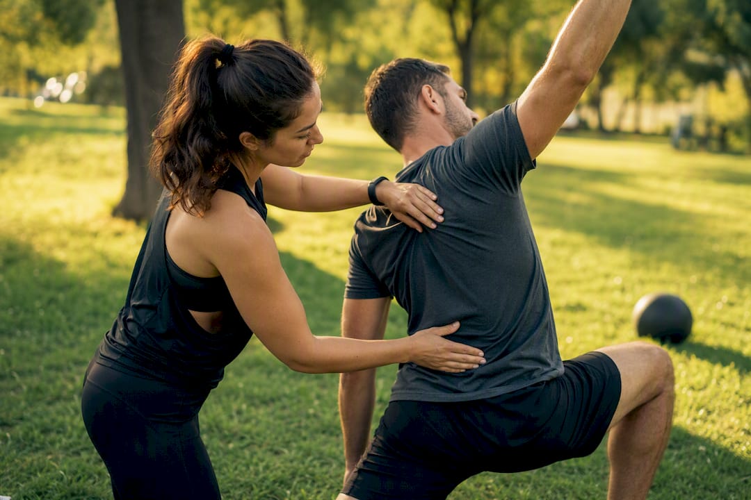 Fitness coach correcting client posture in gym