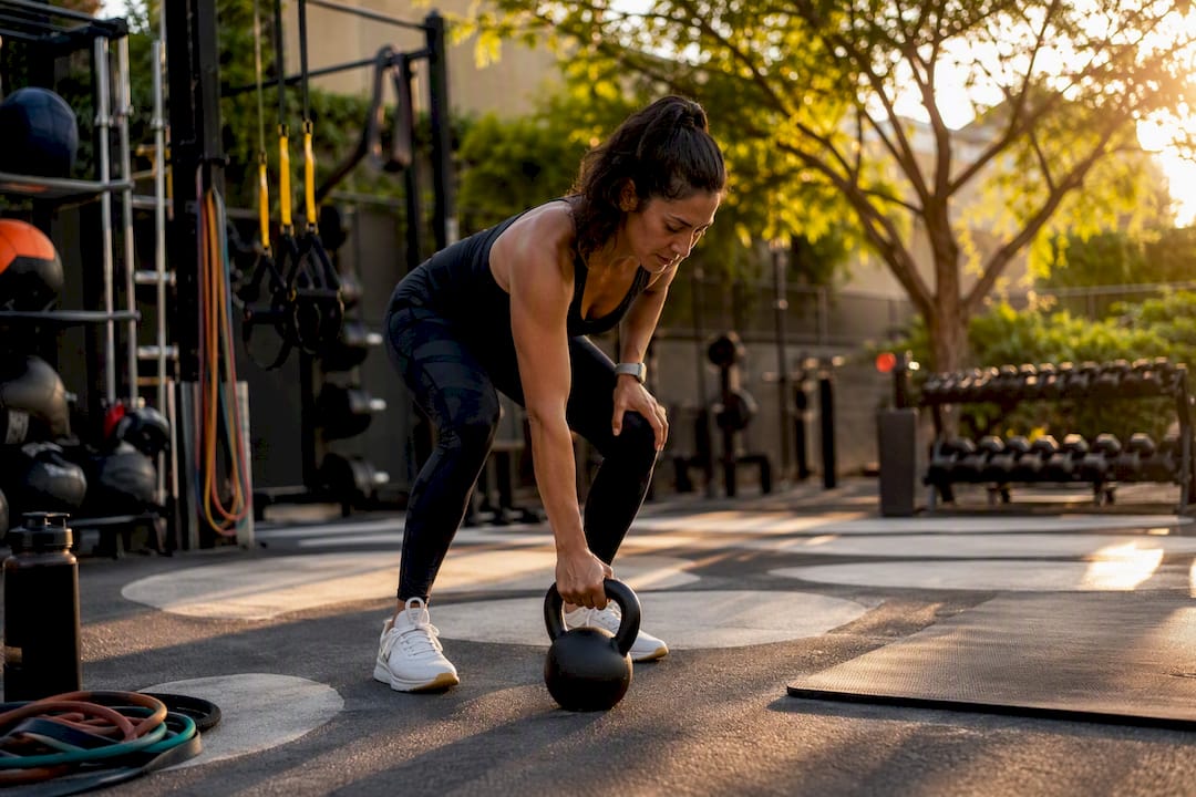 Trainer placing kettlebell in fitness studio