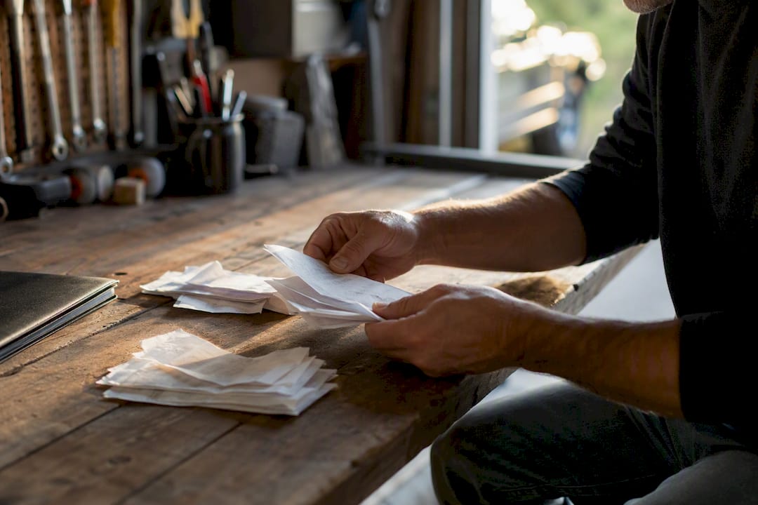 Hands organizing vehicle maintenance receipts