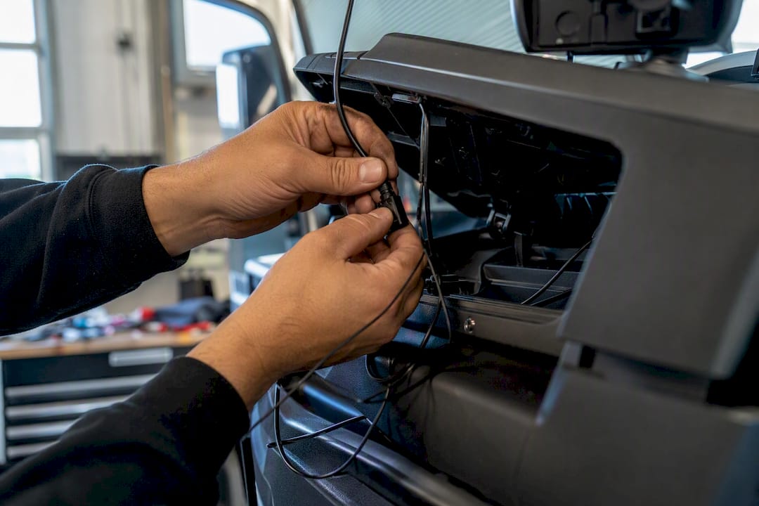 Technician wiring dash cam cable in truck