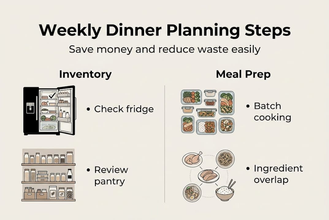 Infographic showing weekly dinner planning steps