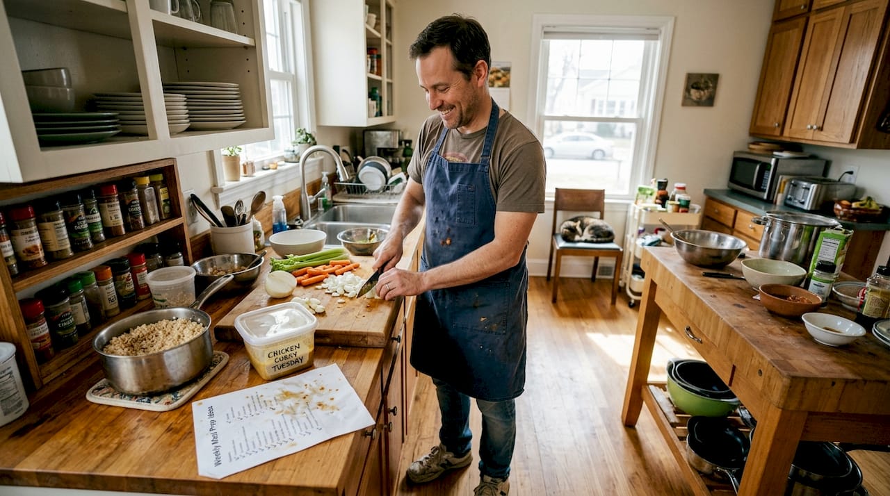 Father prepping vegetables for weekly meals