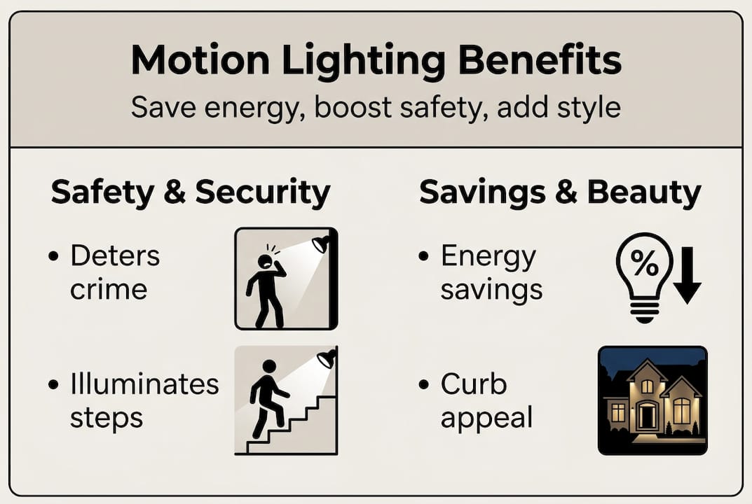 Infographic summarizing motion lighting key benefits