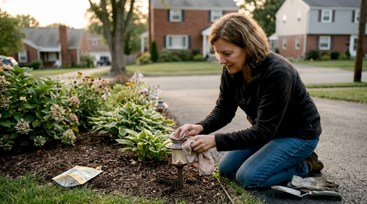 Homeowner maintaining outdoor landscape lighting
