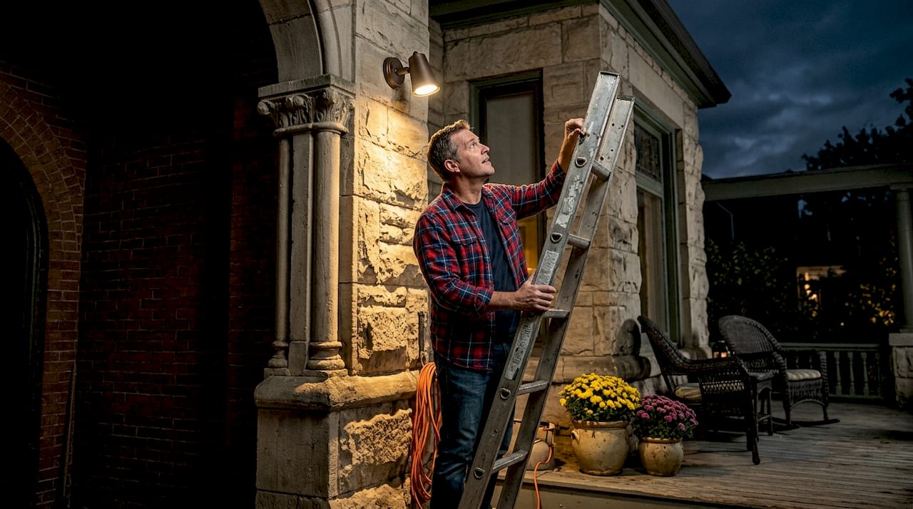 Homeowner adjusts accent light on stone masonry at night