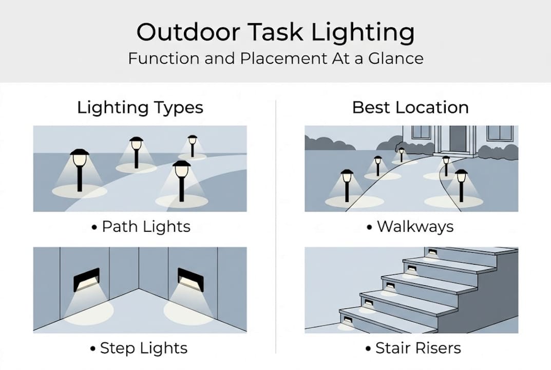 Infographic showing types and placement of outdoor task lighting