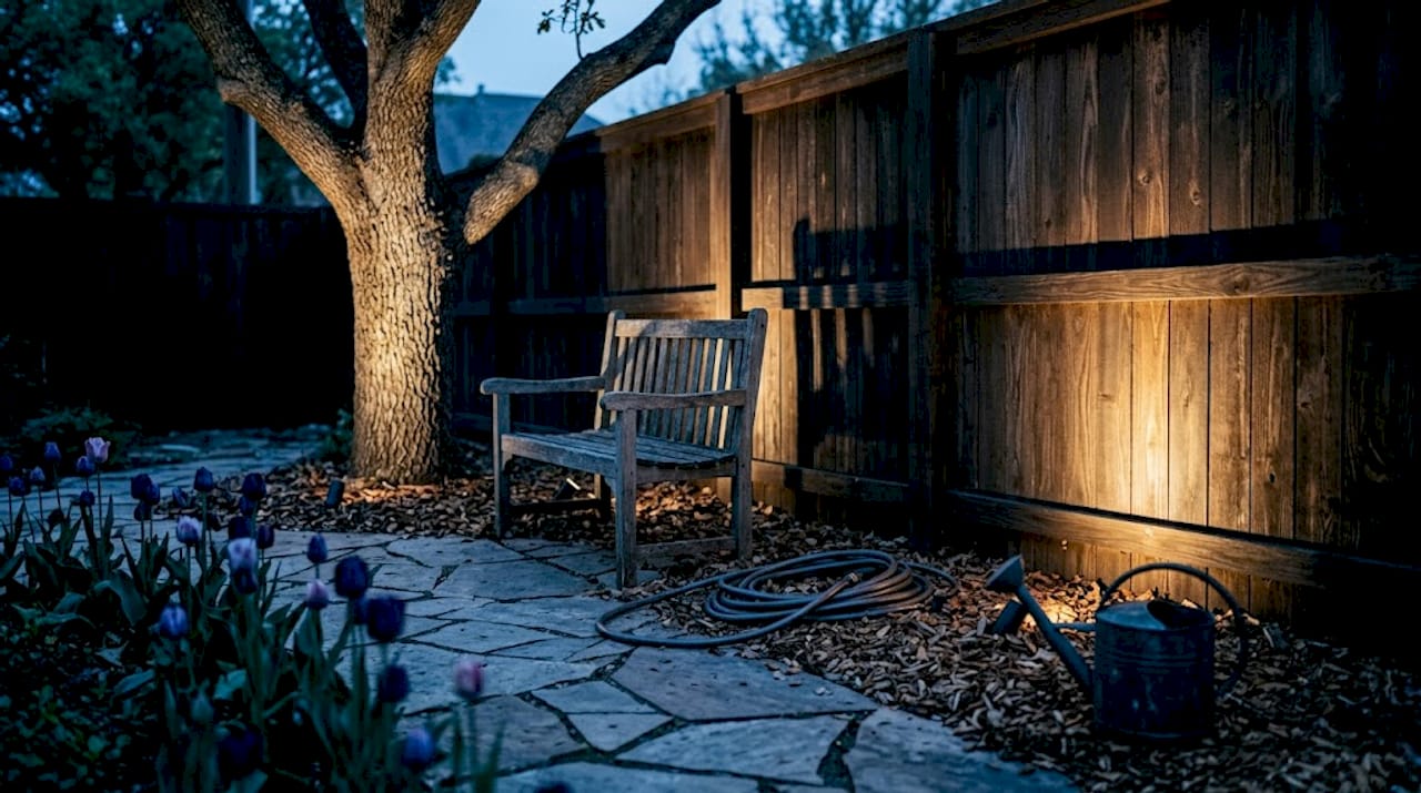 Shadows and uplighting create visual depth outdoors