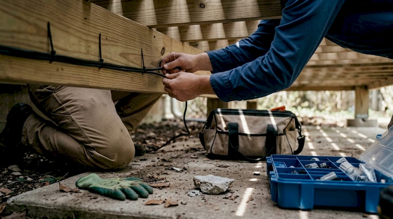 Electrician hiding wire under raised deck with tools