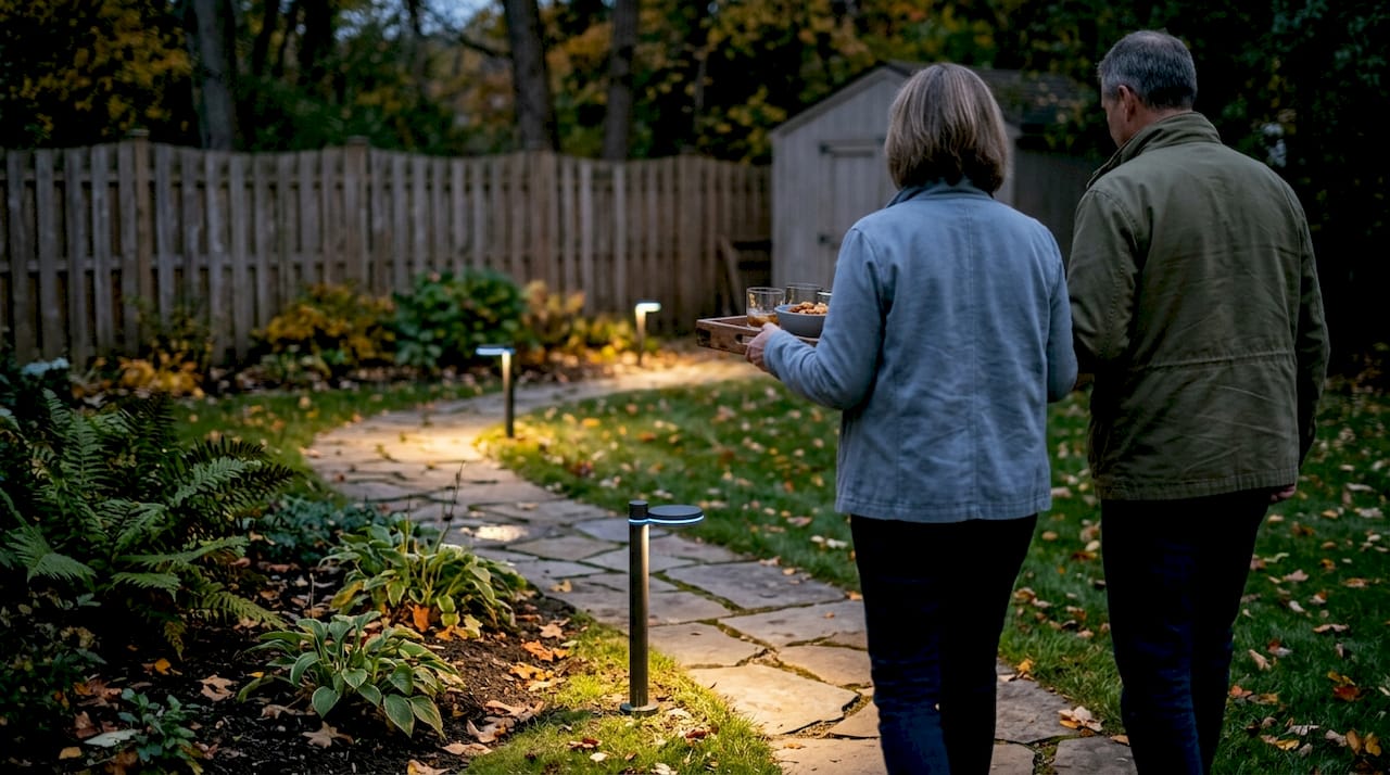 Evening stone path with safe patio lighting