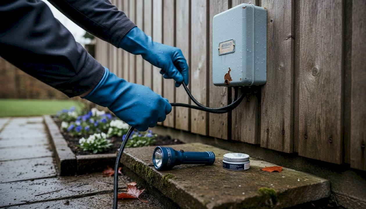 Gloved hands work on outdoor junction box