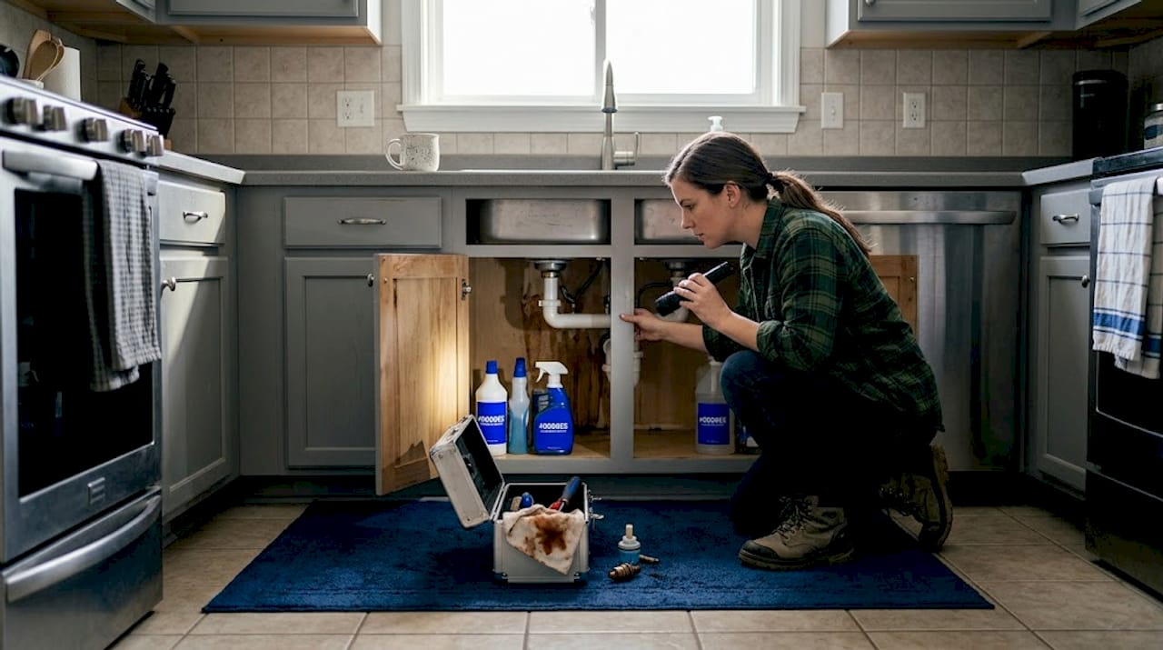 Contractor inspecting water damage under kitchen sink
