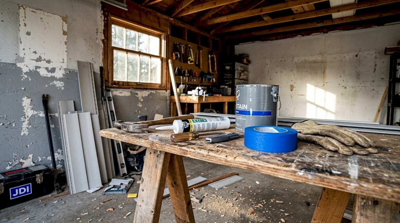 Workbench with siding repair tools and materials