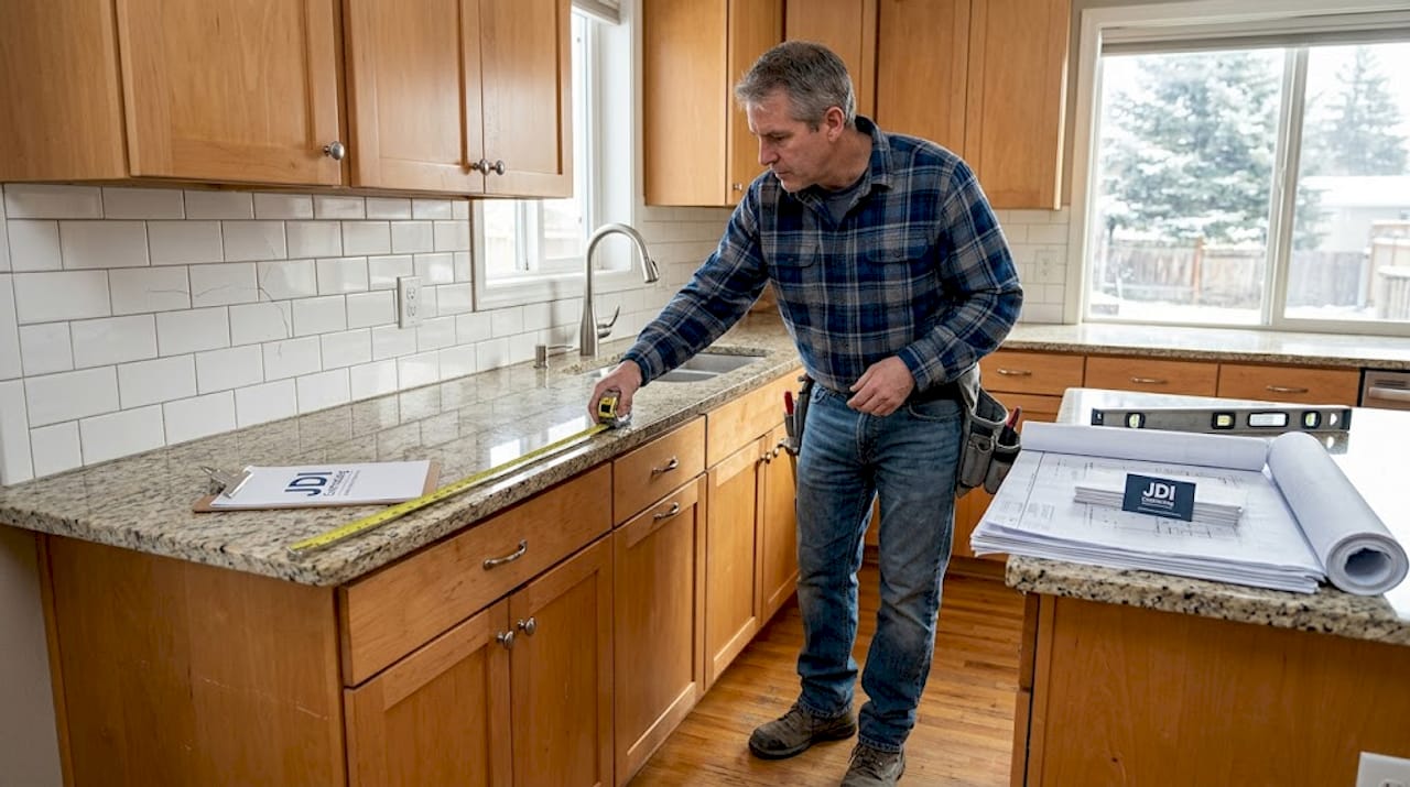 Contractor measuring countertop in Spokane kitchen