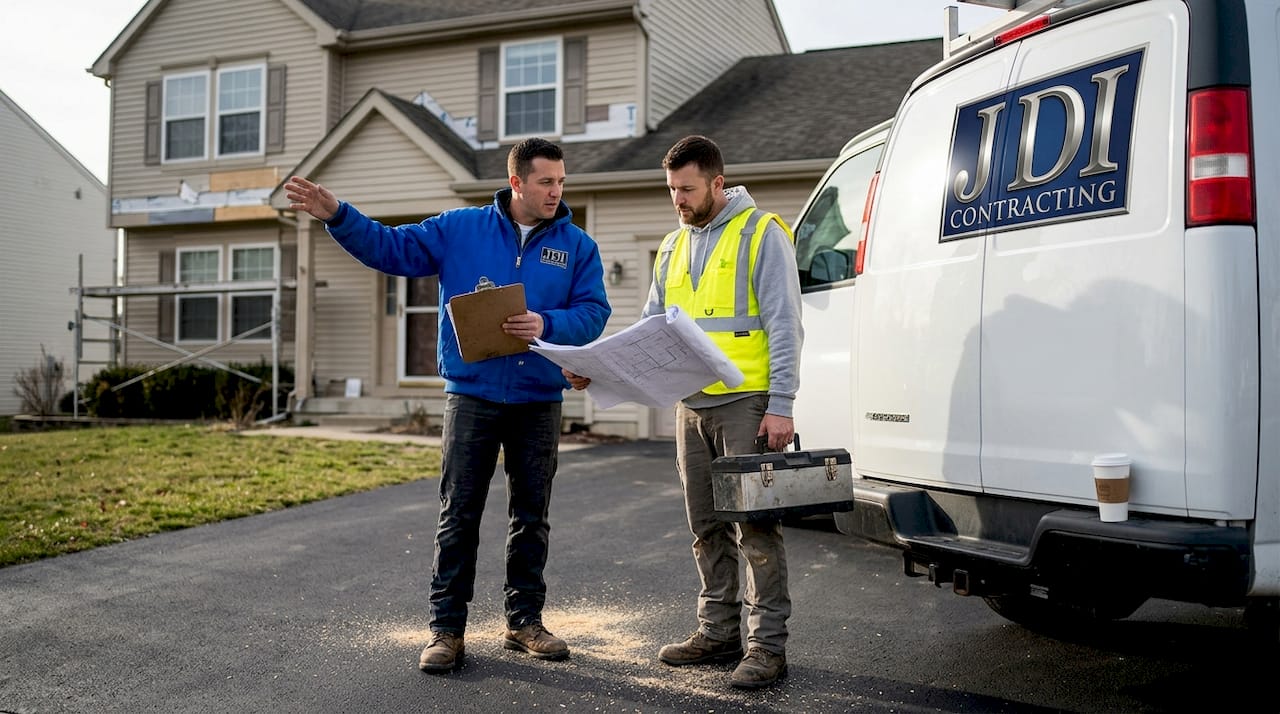 Contractors reviewing blueprints on suburban driveway