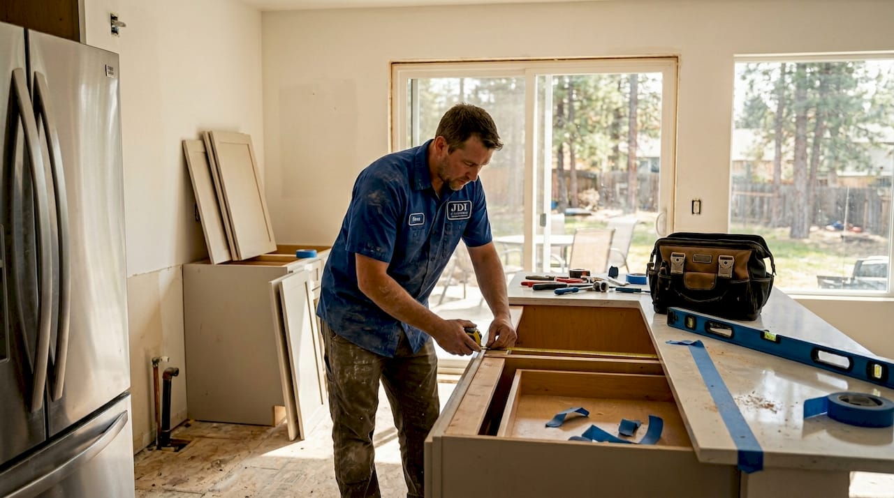 Kitchen renovation with tools and contractor