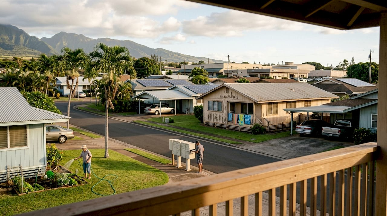 Aerial view urban Maui homes and streets