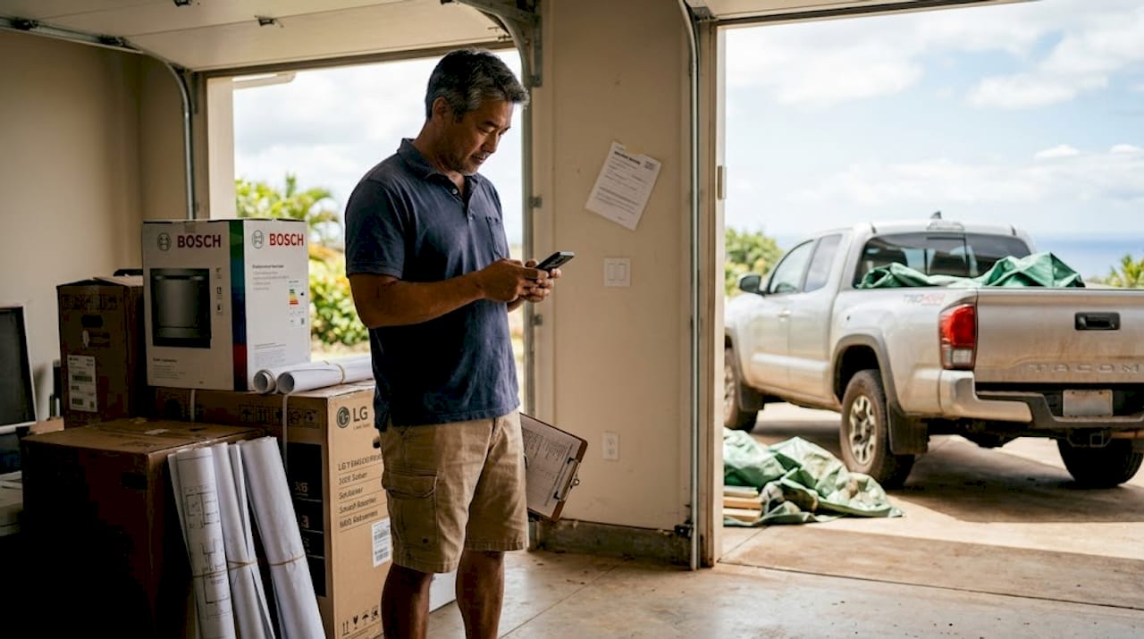 Maui estate garage with renovation supplies