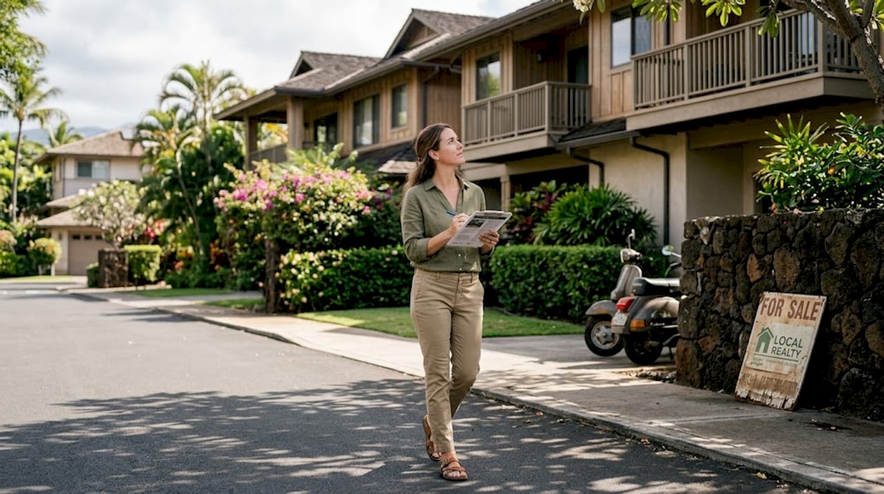 Agent examining Maui condos along quiet street