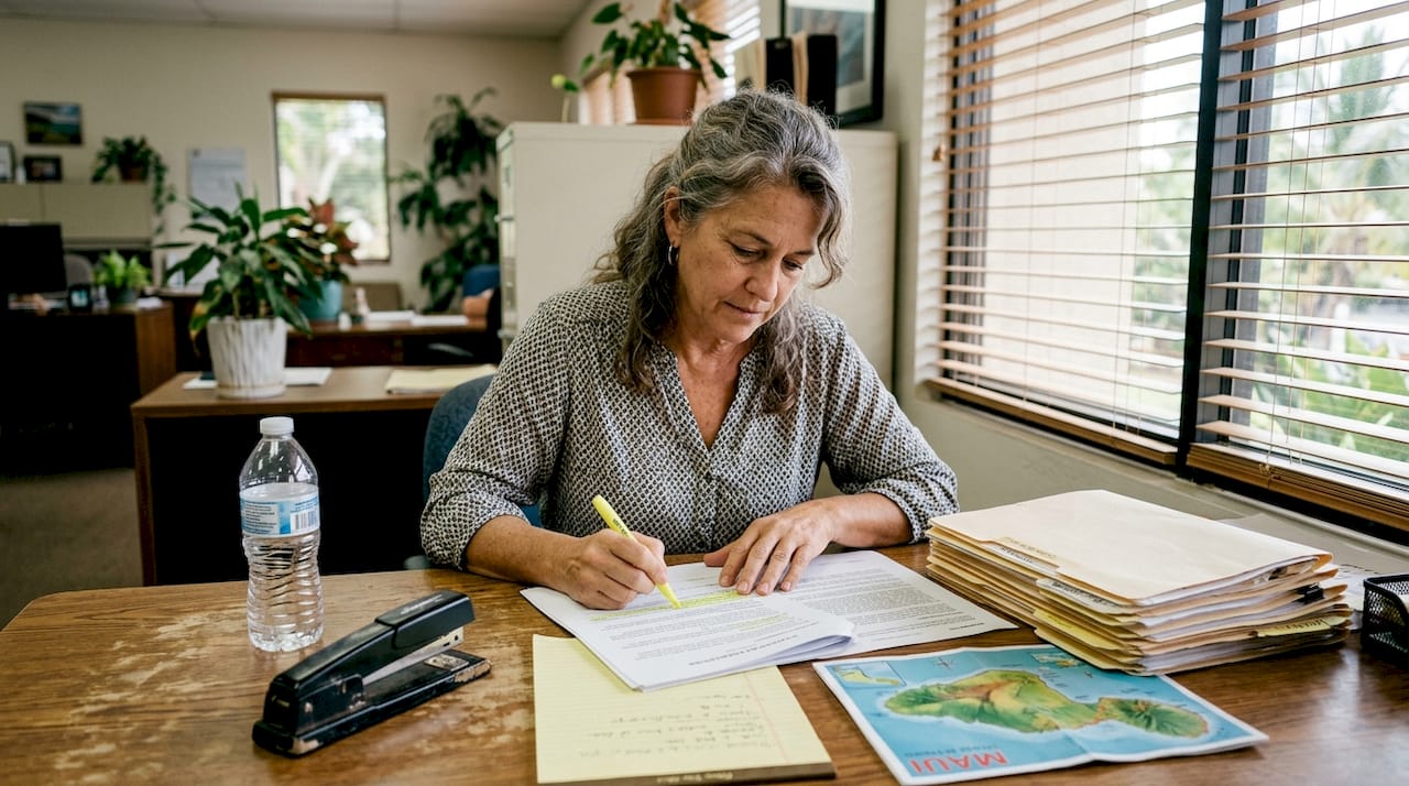 Escrow officer reviewing Maui property closing paperwork