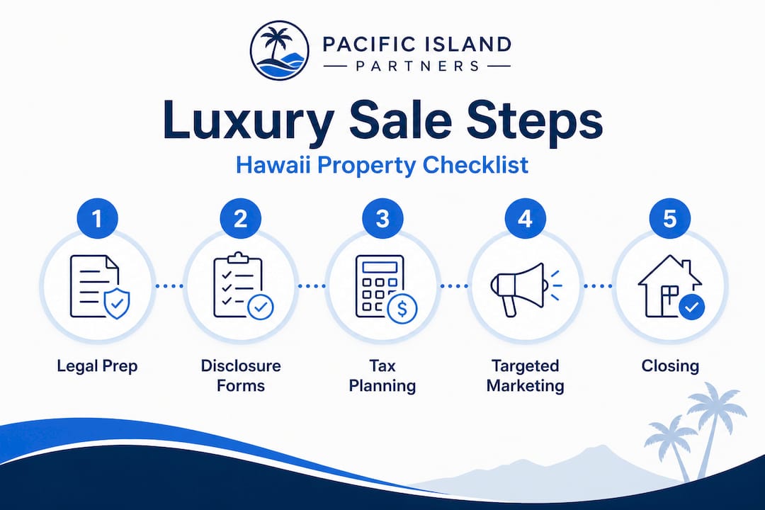Infographic showing 5 steps to sell Hawaii luxury property