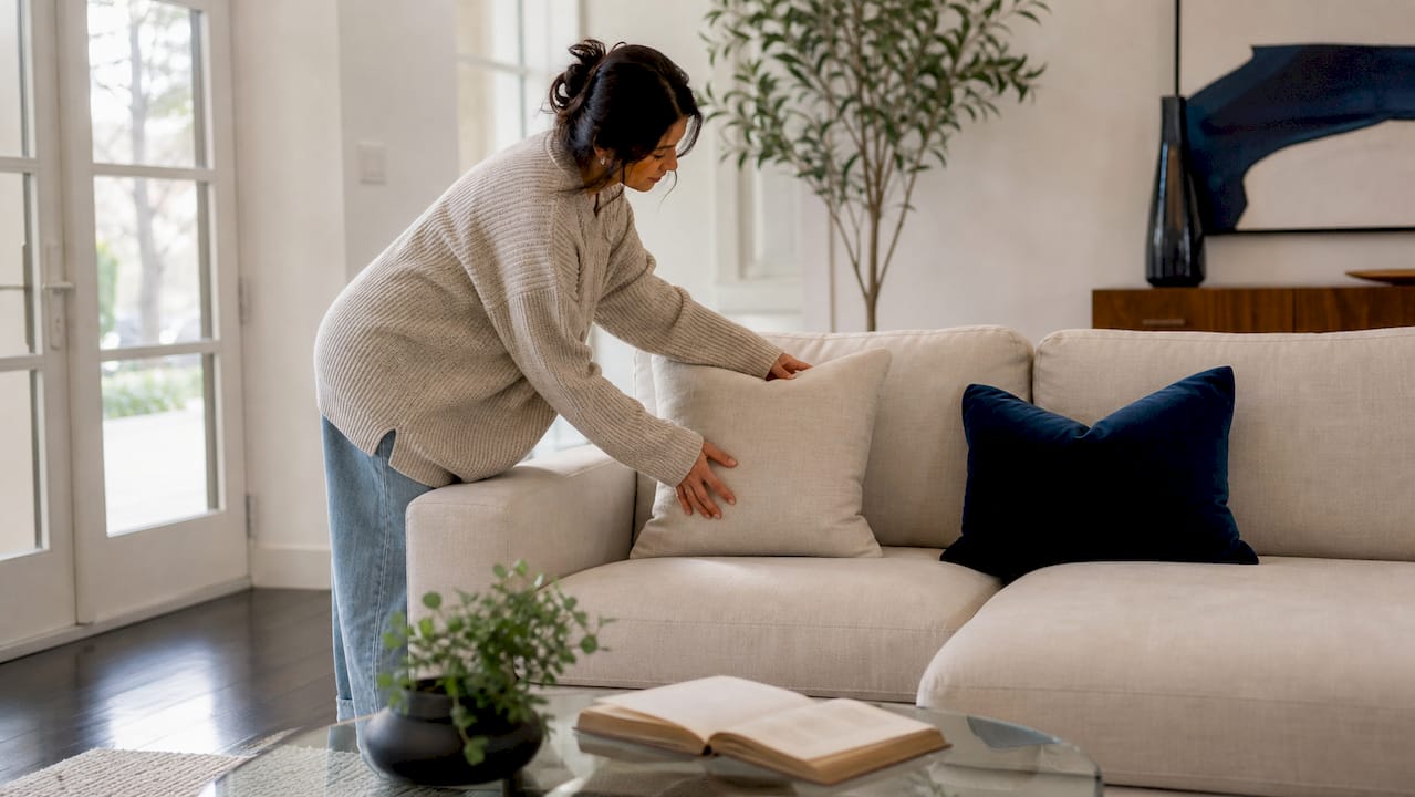 Hands fluffing throw pillow in staged living room