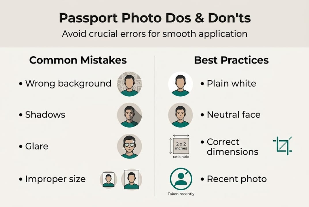Infographic shows common passport photo mistakes and best practices