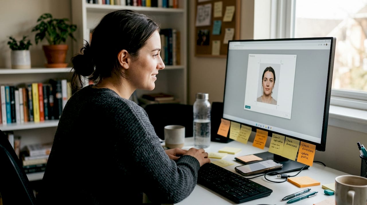 Woman struggles with digital passport photo upload